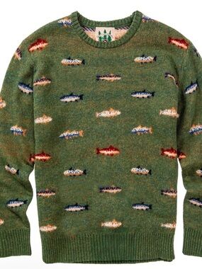 Kiel James Patrick Olive Green Fish Jacquard Crewneck Sweater Men’s size S